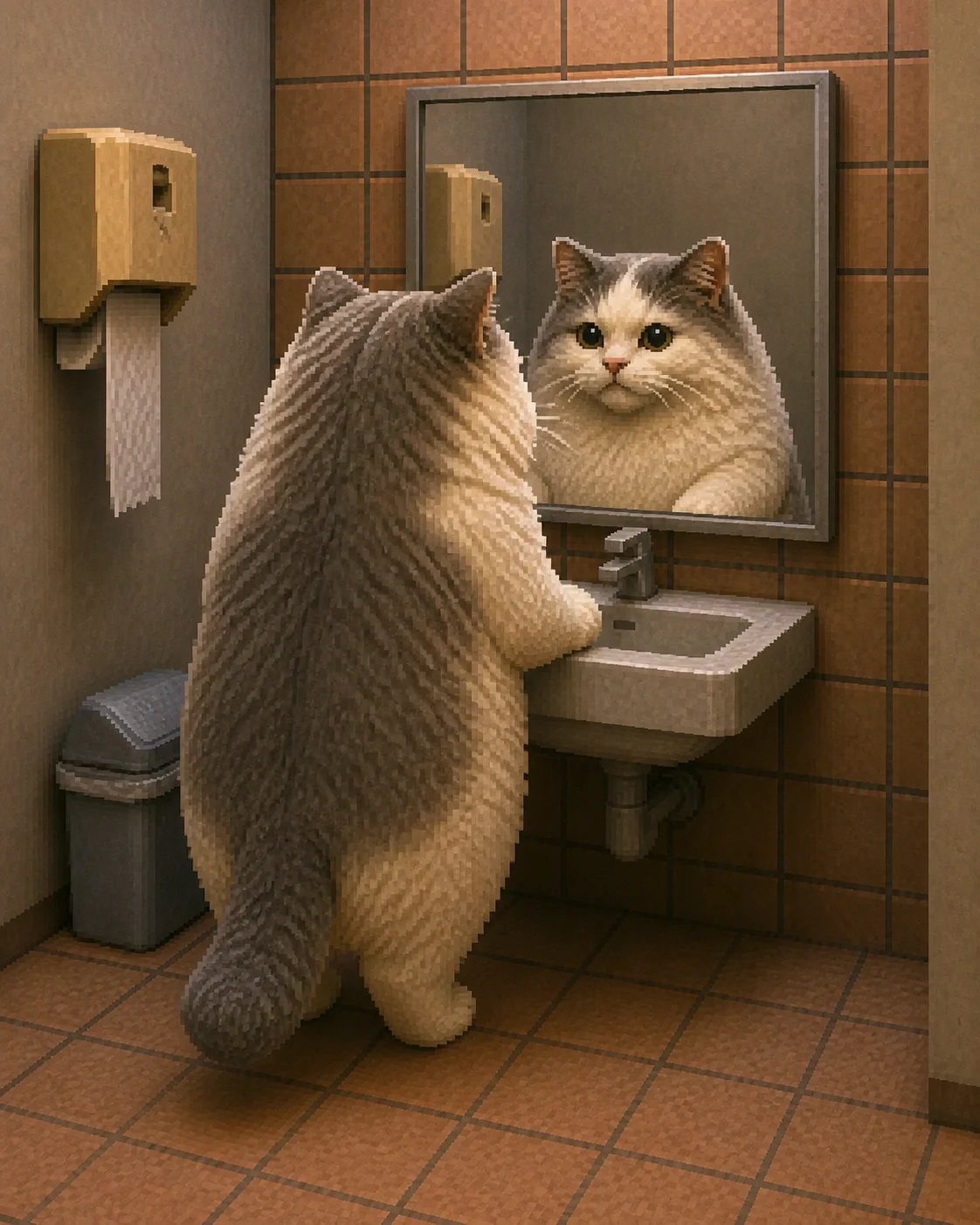 Toilet cat at the mirror