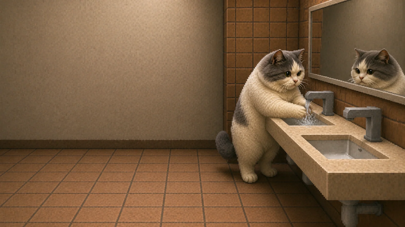 Toilet cat washing his paws